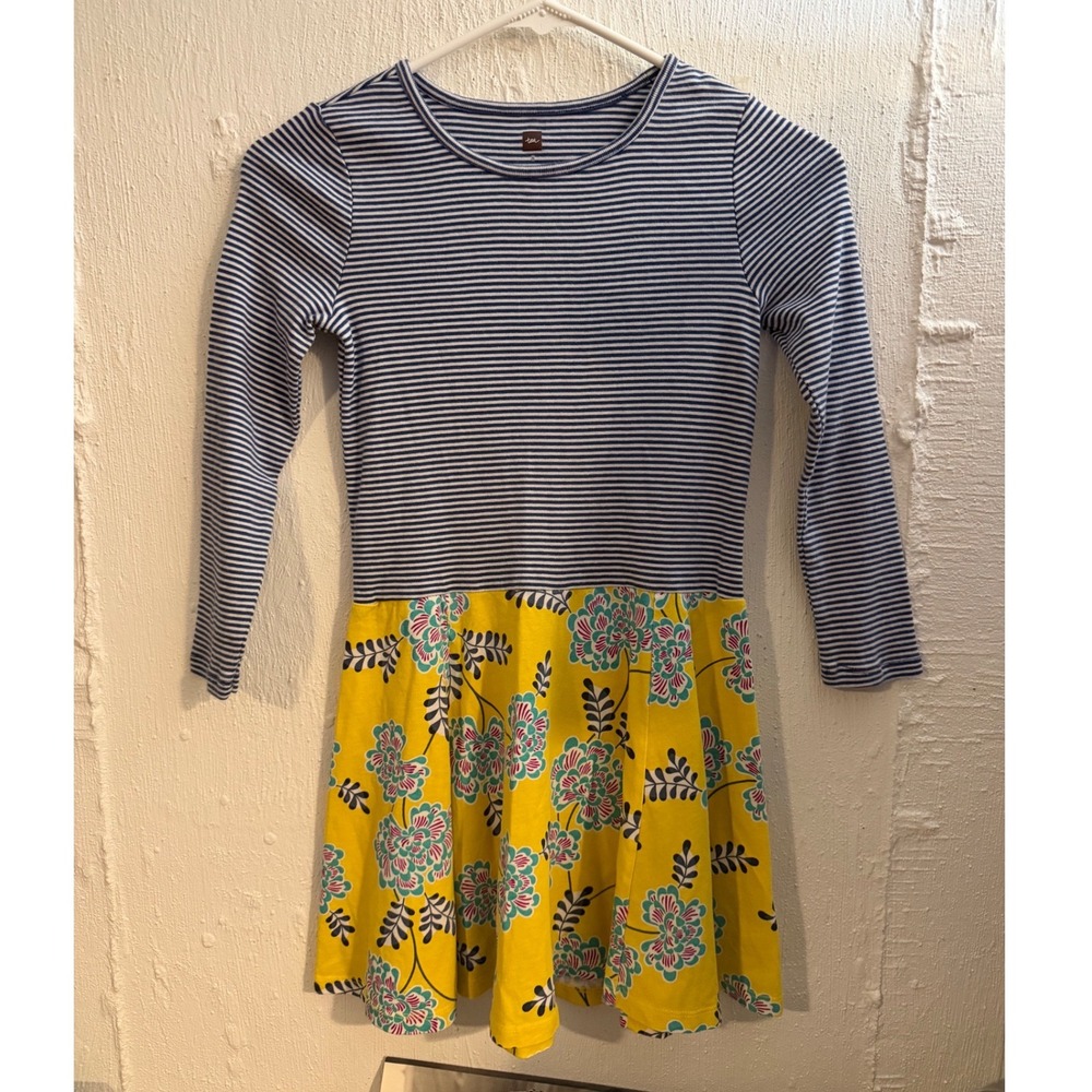 Tea Collection Girls Blue Striped Yellow Floral Mixed Media Dress Size 8